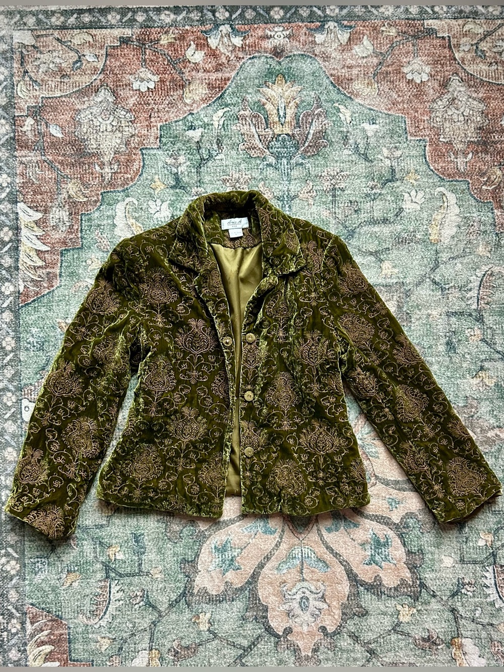 Vintage Embroidered Velvet Jacquard Button-Front Jacket - Olive Green